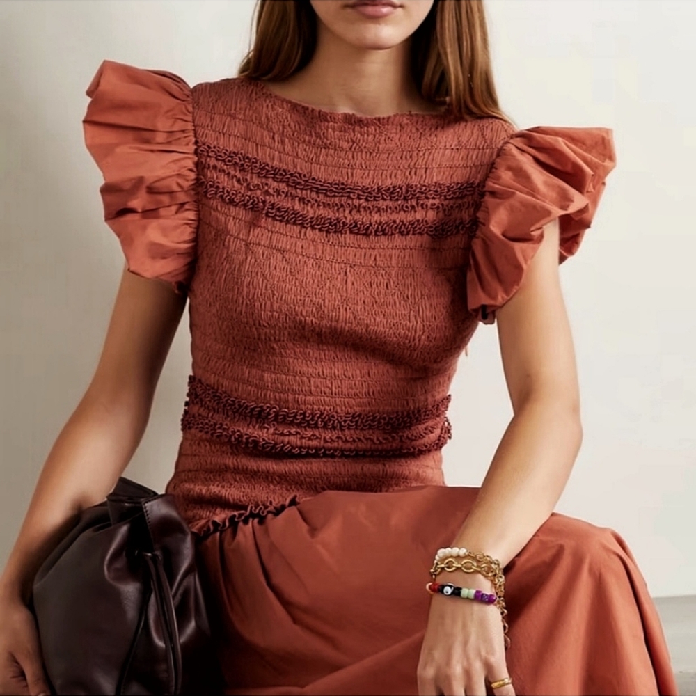 Ulla Johnson Madeline Ruffle Smocked Tarracota Midi Dress - Picture 3 of 5